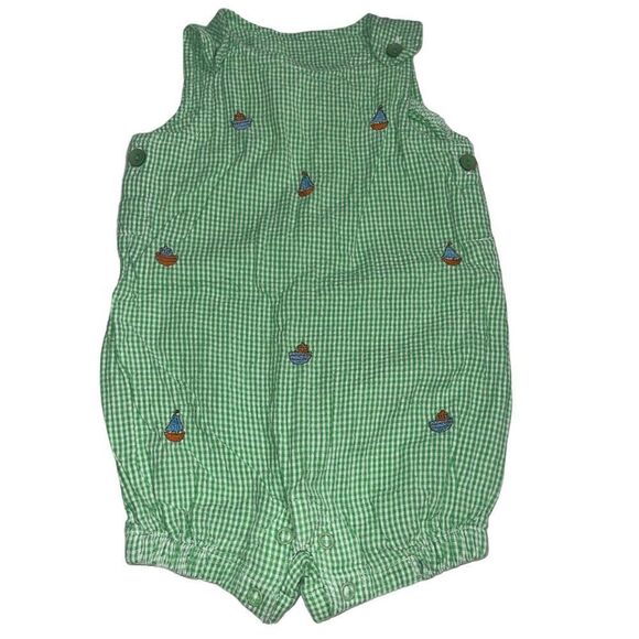 Nursery Rhyme Green & White Gingham Romper w/ Sail & Tug Boats - Sz 3/6 mths - Picture 1 of 6
